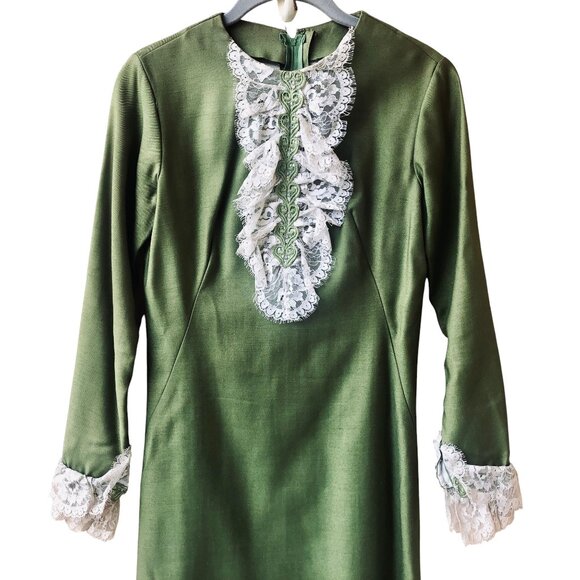 Vintage 60's Green Dress with Lace Handmade Edwardian MOD Cos Play XS XXS - Picture 13 of 16